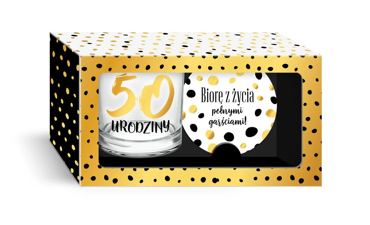 GOLDEN DOTS - Glass 270ml (9fl oz) + pad - 50th birthday. I'm taking life to the fullest!