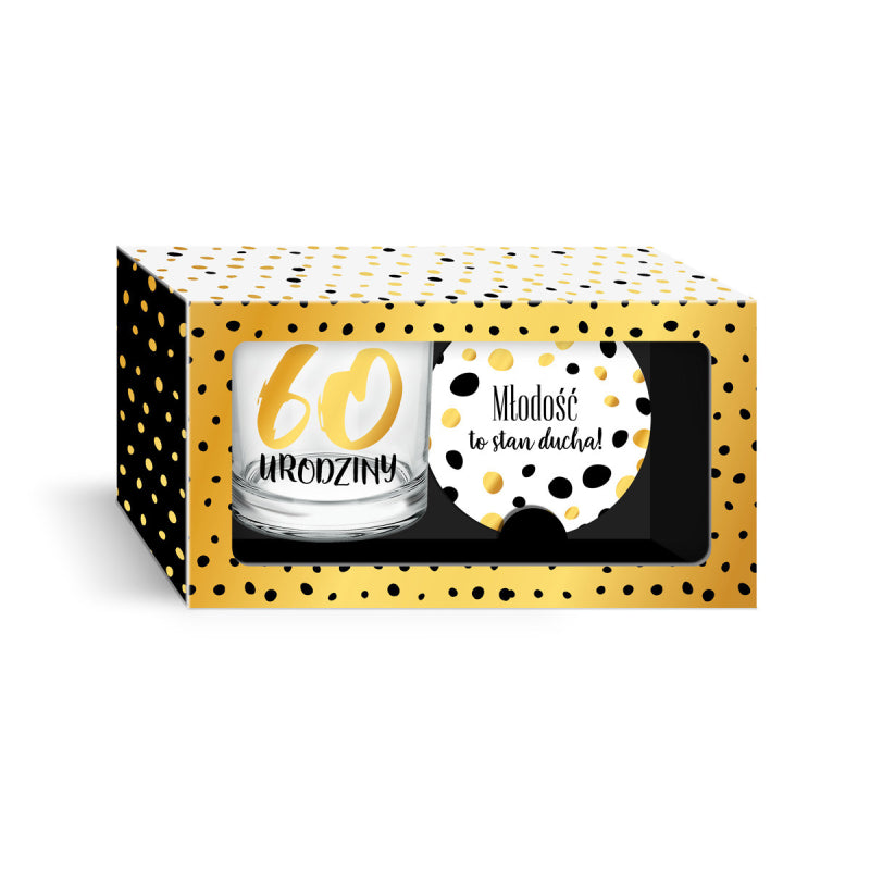 GOLDEN DOTS - Glass 270ml (9fl oz) + pad - 60th birthday. Youth is a state of mind!