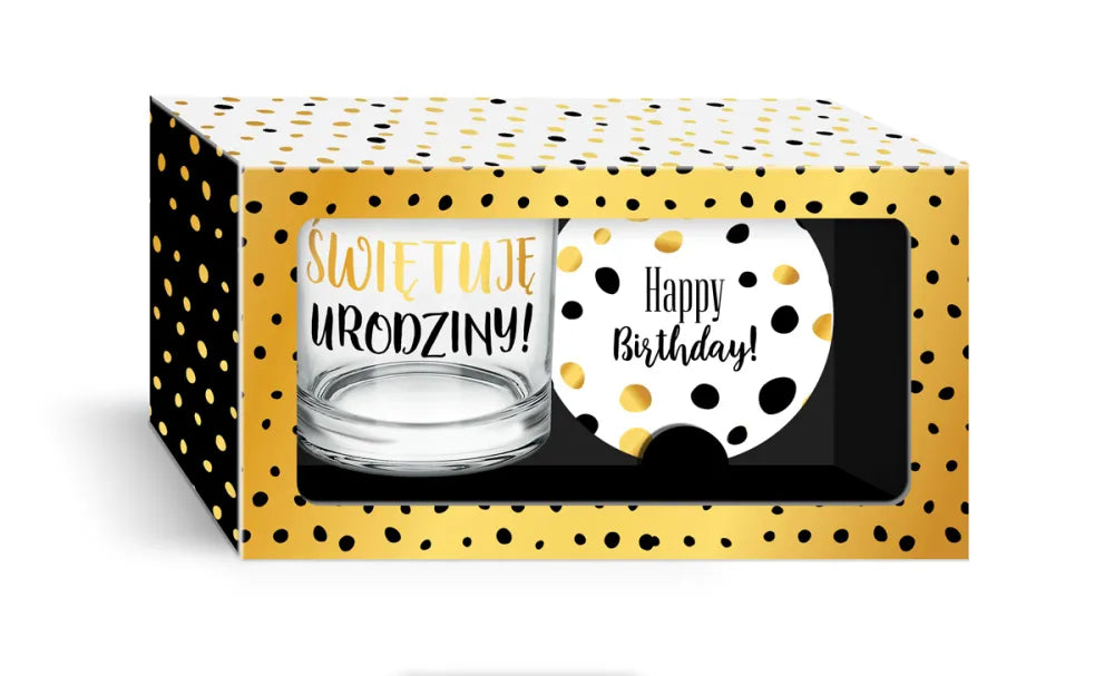 GOLDEN DOTS - Glass 270ml (9fl oz) + pad - I'm celebrating my birthday!