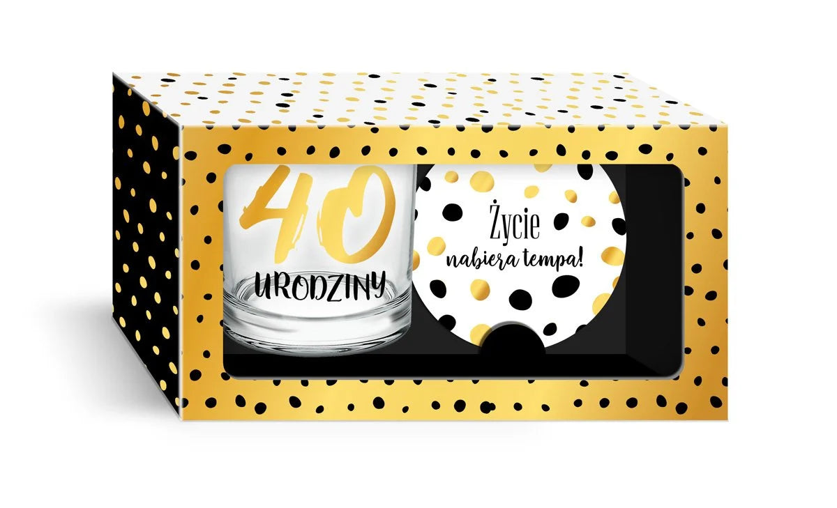 GOLDEN DOTS - Glass 270ml (9fl oz) + pad - 40th birthday. Life is accelareting